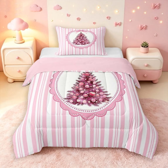 Manfei Festive Christmas Tree Twin Comforter Sets,Cute Bow Stripes Bedding Set,Pink White,Pink Reversible,2-Piece,1 Comforter and 1 Pillowcase