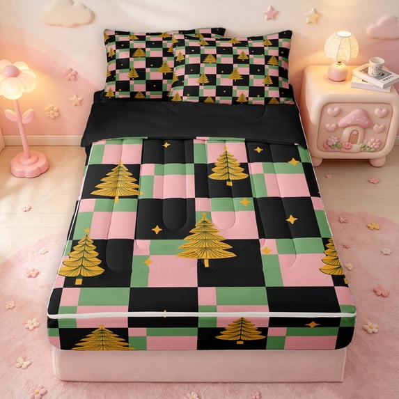 Manfei Festive Christmas Tree Zipper Twin Comforter Sets with Fitted Sheet and 2 Pillowcases,Modern Checkerboard Zipper Bedding Set,Green Pink,Black Reversible,4pcs