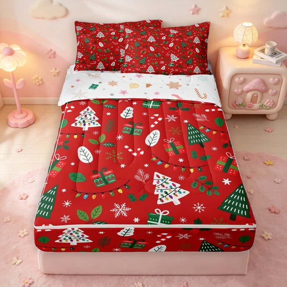 Manfei Festive Christmas Tree Zipper Twin Comforter Sets with Fitted Sheet and 2 Pillowcases,Traditional Snowflake Pine Branch Zipper Bedding Set,Red,Christmas Reversible,4pcs