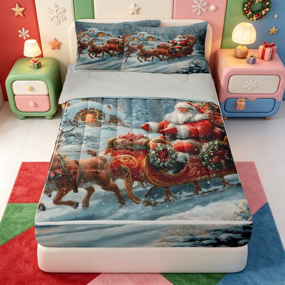 Manfei Festive Christmas Tree Zipper Twin Comforter Sets with Fitted Sheet and 2 Pillowcases,Xmas Holiday Season Zipper Bedding Set,Light Gray Reversible,4-Piece