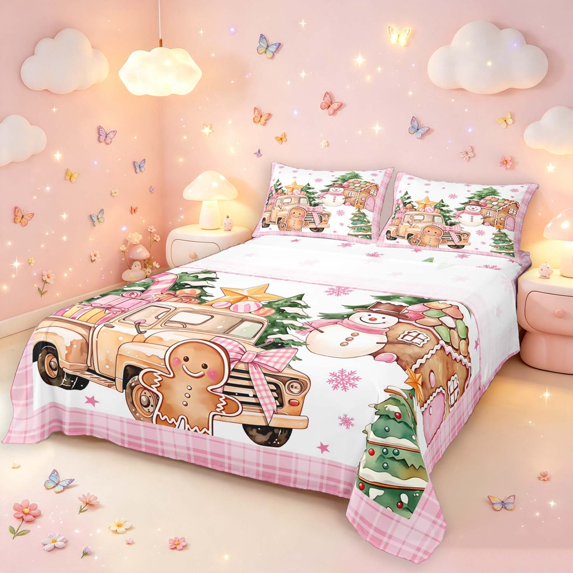 Manfei Festive Christmas Truck King Sheets,Gingerbread Men Snowman Bedding,Pink Orange,4-Piece,1 Flat Sheet,1 Fitted Sheet and 2 Pillowcases