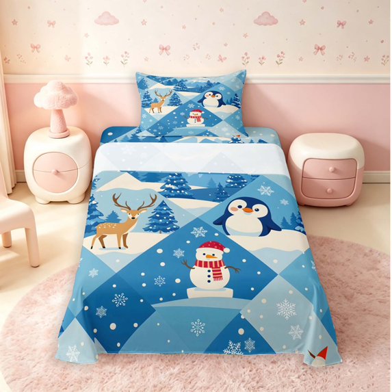 Manfei Festive Christmas Twin Sheets,Snowman Penguin Deer Animals Bedding,Blue White,3pcs,1 Flat Sheet,1 Fitted Sheet and 1 Pillowcase