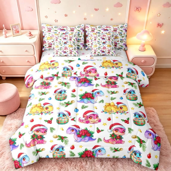 Manfei Festive Dinosaur Wildlife 7pcs Queen Bedding,Traditional Santa Hat Bedding Comforter Set Queen,Green White,Christmas Reversible