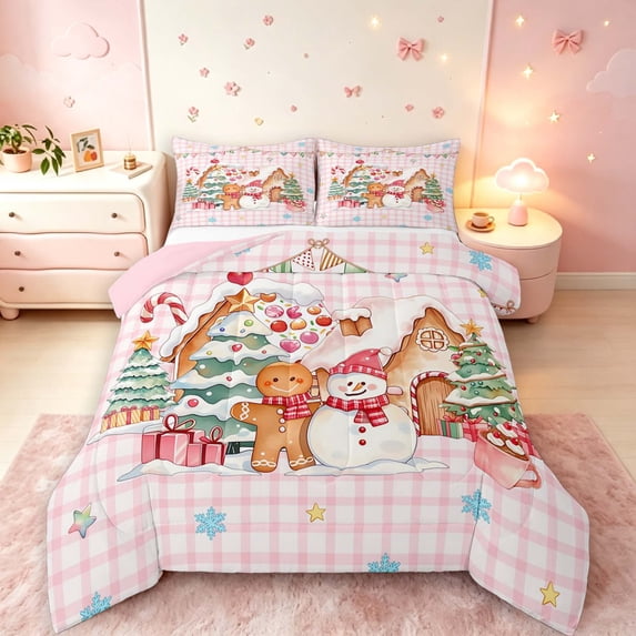 Manfei Festive Gingerbread Men Full Size Comforter Sets,Christmas Tree Snowman Bedding Comforter Set,Pink Green,Pink Reversible,3 Pieces,1 Comforter and 2 Pillowcases