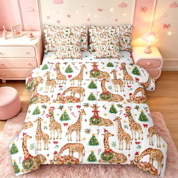 Manfei Festive Giraffe Animals 7-Piece King Bedding,Traditional Christmas Tree Santa Hat King Bed in a Bag,Polkadot Reversible
