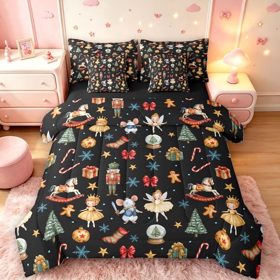Manfei Festive Nutcracker 7-Piece King Bedding,Christmas Tree Gingerbread Men King Bed in a Bag,Black Red,Black Reversible