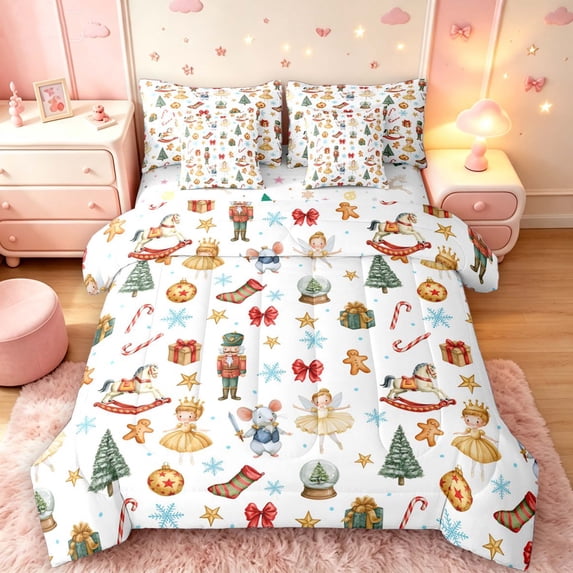 Manfei Festive Nutcracker 7-Piece Twin Bedding,Christmas Snowflake Bedding Comforter Set,White,Christmas Reversible