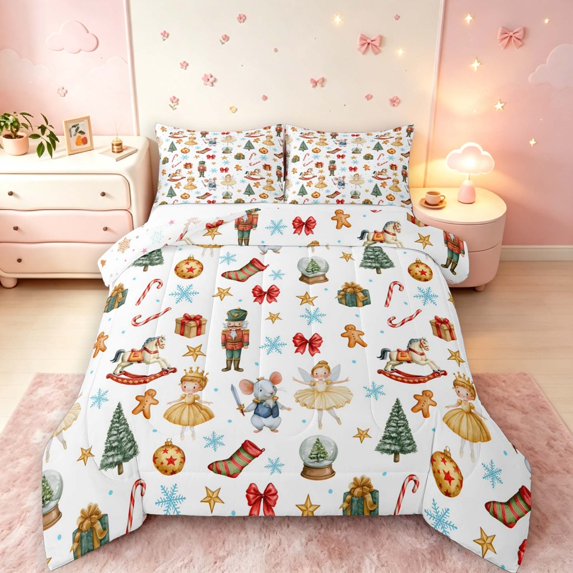 Manfei Festive Nutcracker King Size Comforter Sets,Christmas Snowflake Comforters King Size,White,Christmas Reversible,3-Piece,1 Comforter and 2 Pillowcases