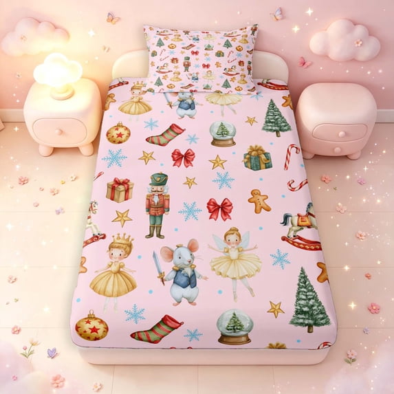 Manfei Festive Nutcracker Twin Fitted Sheet,Christmas Tree Gingerbread Men Bedding,Pink Orange,2pcs,1 Fitted Sheet and 1 Pillowcase