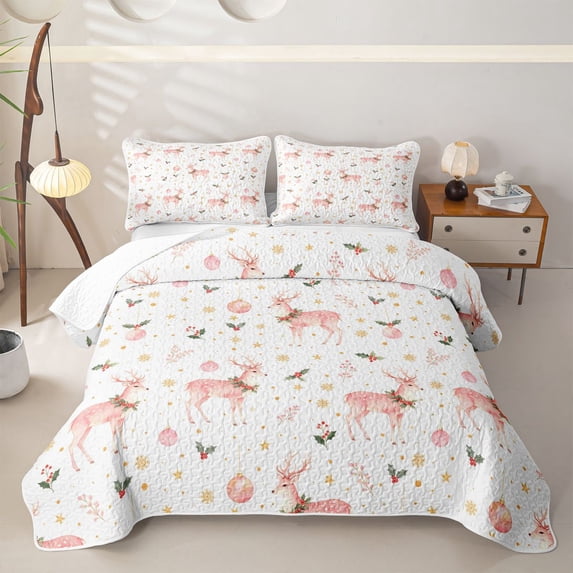 Manfei Festive Reindeer Bed Spread Queen,Traditional Christmas Ball Queen Coverlet Set,Light Pink,3-Piece,1 Quilt and 2 Pillowcases