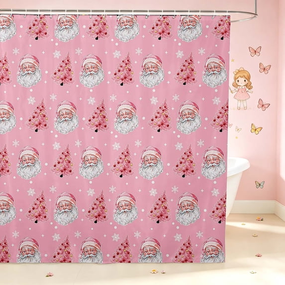 Manfei Festive Santa Claus Shower Curtain 72Wx78L,Traditional Christmas Tree Snowflake Bath Curtain