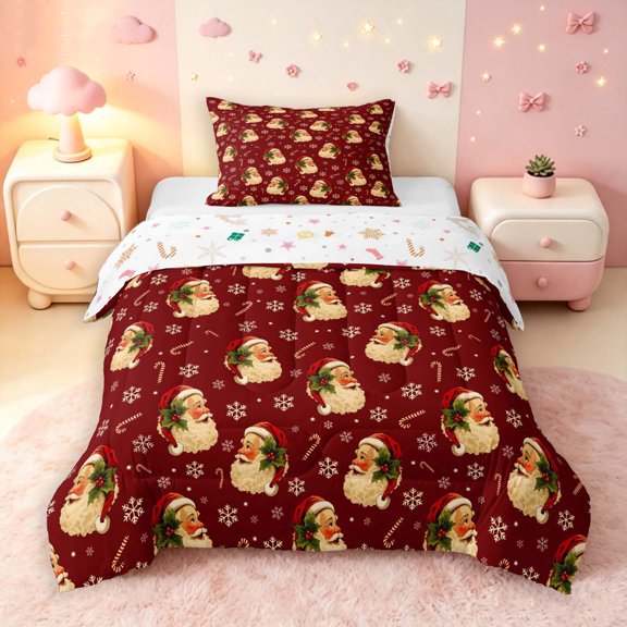 Manfei Festive Santa Claus Twin Comforter Sets,Christmas Snowflake Candy Cane Bedding Set,Christmas Reversible,2 Pieces,1 Comforter and 1 Pillowcase