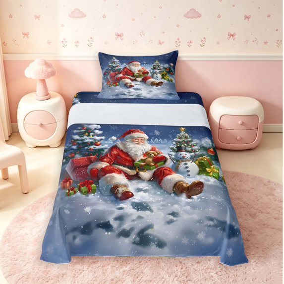 Manfei Festive Santa Claus Twin Sheets,Christmas Tree Snowman Bedding,Blue Red,3-Piece,1 Flat Sheet,1 Fitted Sheet and 1 Pillowcase