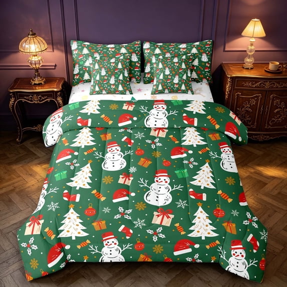 Manfei Festive Snowman 7-Piece Twin Bedding,Traditional Christmas Tree Santa Hat Bedding Comforter Set,Christmas Reversible