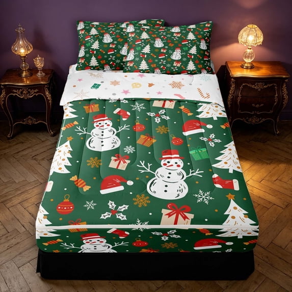 Manfei Festive Snowman Zipper Twin Comforter Sets with Fitted Sheet and 2 Pillowcases,Traditional Christmas Tree Santa Hat Zipper Bedding Set,Christmas Reversible,4pcs