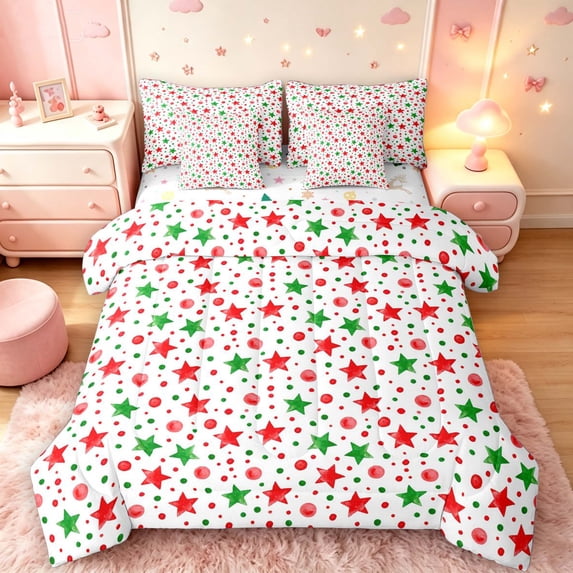 Manfei Festive Stars 7-Piece Twin Bedding,Christmas Polka Dot Bedding Comforter Set,Green White,Christmas Reversible