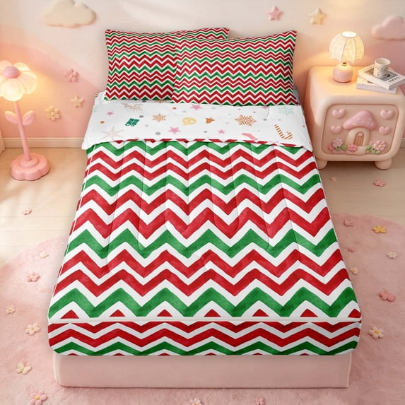 Manfei Festive Stripes Zipper Twin Comforter Sets with Fitted Sheet and 2 Pillowcases,Traditional Christmas Zipper Bedding Set,Red Green,Christmas Reversible,4pcs
