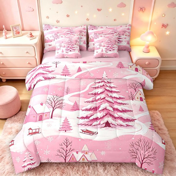 Manfei Festive Winter Village 7-Piece Twin Bedding,Traditional Christmas Tree Snowflake Bedding Comforter Set,Pink Reversible