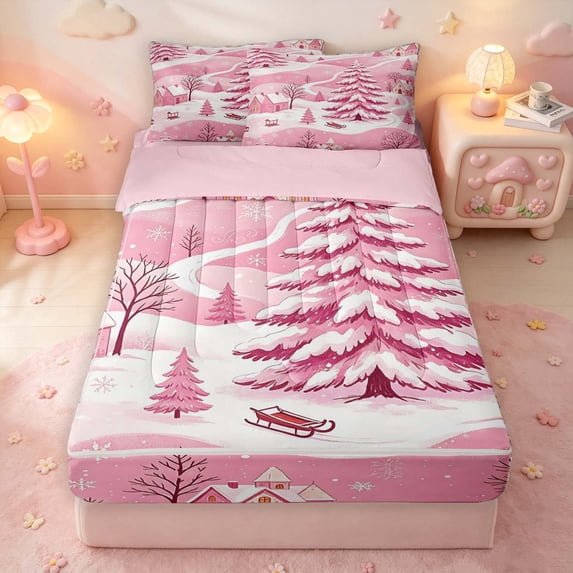 Manfei Festive Winter Village Zipper Full Size Comforter Sets with Fitted Sheet and 2 Pillowcases,Traditional Christmas Tree Snowflake Zipper Bedding Set,Pink Reversible,4pcs