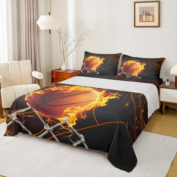Manfei Fire Basketball Teen Queen Sheet Sets 4 Pieces, Basketball Court Boy Flat Sheet, Sports Themed Queen Fitted Sheet, Lightweight Bedroom Decor