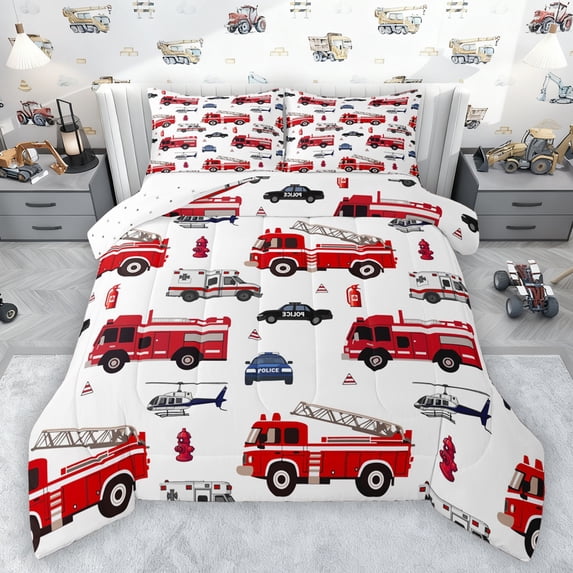 Manfei Fire Engine Queen Comforter Set,Modern Aircraft Airplane Bedding Sets,Red White Bedding Comforter Set For Boys,Microfiber Bedroom Decor Reversible,3 Pieces