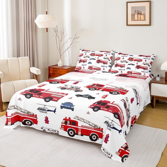 Manfei Fire Engine Queen Sheet Set,Modern Aircraft Red White,Microfiber Decor For Boys,4-Piece