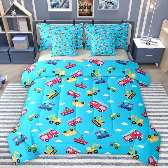 Manfei Fire Fighting Truck Bedding Comforter Set 7 Pieces for Boy, Cartoon Construction Vehicle Full Bedding Set, Blue Sky Cloud Reversible Fitted Sheet Flat Sheet, Luxury Bedroom Decor