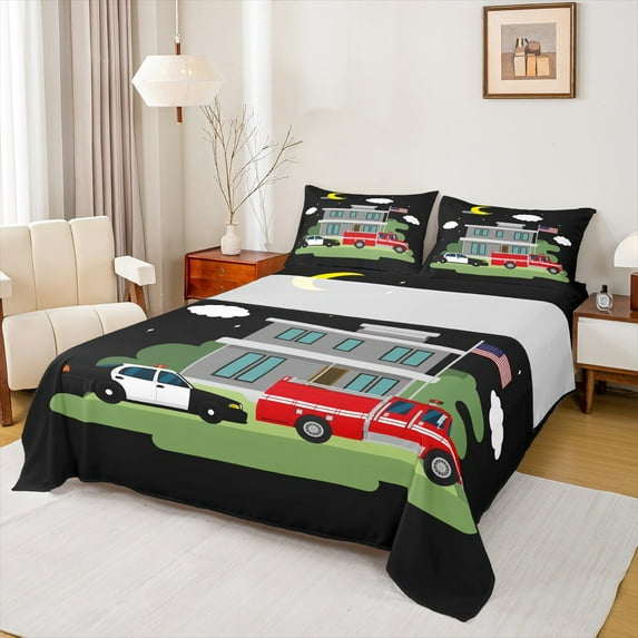 Manfei Fire Fighting Truck Full Size Sheets for Boys, Cartoon Car Vehicle Bed Sheets, Black Green Sheet Sets, Luxury Bedroom Decor, 4pcs