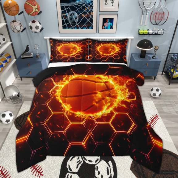 Manfei Fire Flame Basketball Bedding Comforter Set, Neon Orange Honeycomb Twin Comforter Sets, Teen Boys Sport Bedding Set, Lightweight Room Decor Reversible 2pcs