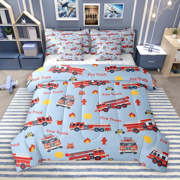 Manfei Fire Truck 7pcs Bedding Comforter Set,Firefighter Queen Bedding Sets,Red Blue Queen Sheet Sets For Boys Teens,Breathable Home Decor Reversible