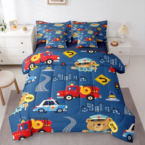 Manfei Fire Truck 7pcs Queen Bedding,Cute Cartoon Rescue Theme Bedding Comforter Set Queen,Blue,Navy Blue Reversible