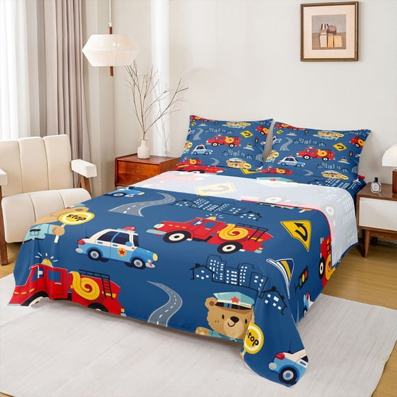 Manfei Fire Truck Bed Sheets,Cute Cartoon Rescue Theme Full Size Sheets,Blue,4pcs,1 Flat Sheet, 1 Fitted Sheet and 2 Pillowcases