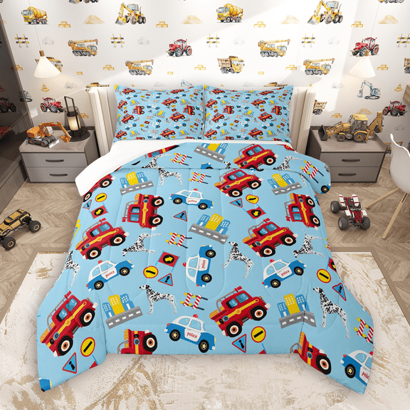 Manfei Fire Truck Bedding Comforter Set 2pcs, Police Car Twin Comforter Sets, Cartoon Dalmatian Bedding Set, Breathable Home Decor