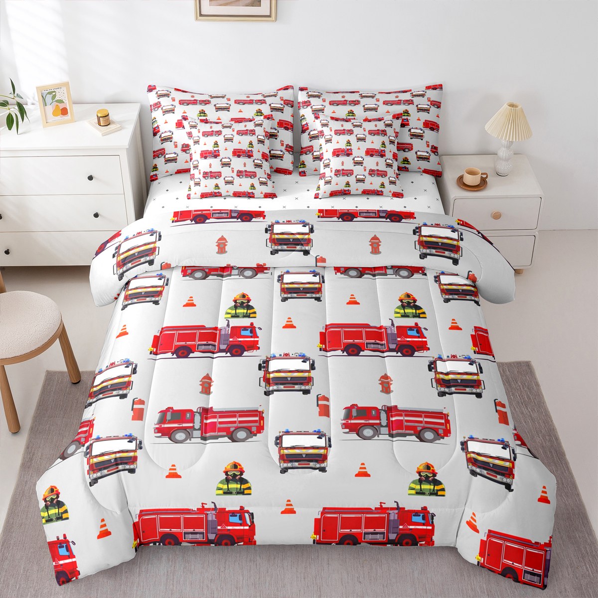 Manfei Fire Truck Bedding Comforter Set 7-Piece,Firefighting Theme King ...
