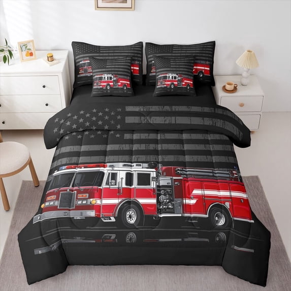 Manfei Fire Truck Print 7-Piece King Bedding,American Flag King Bed in a Bag,Black Red,Black Reversible