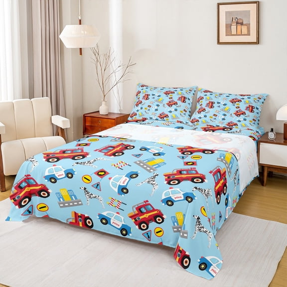 Manfei Fire Truck Queen Sheet Sets 4 Pieces, Police Car Flat Sheet, Cartoon Dalmatian Queen Fitted Sheet, Breathable Home Decor