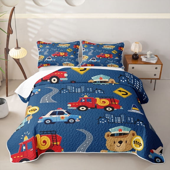 Manfei Fire Truck Quilt King,Cute Cartoon Rescue Theme King Coverlet Set,Blue,3 Pieces