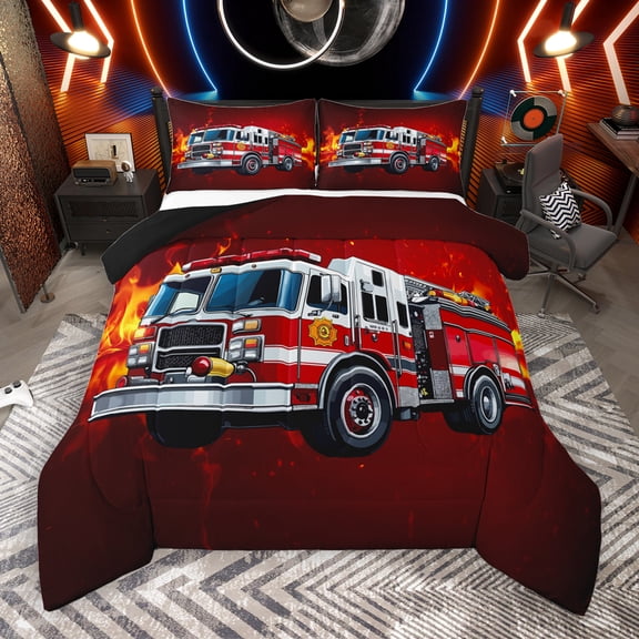 Manfei Firefighter Fire Engine Queen Comforter Set,Construction Vehicles Bedding Sets,Red Orange Bedding Comforter Set For Boys Kids,Super Cozy Room Decor Reversible,3 Pieces