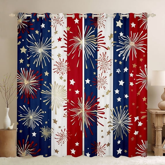 Manfei Firework Star Stripe Kitchen Curtains, Patriotic July 4th Black Out Curtains Pack of 2 (42x63 Each), Red White Blue Gold
