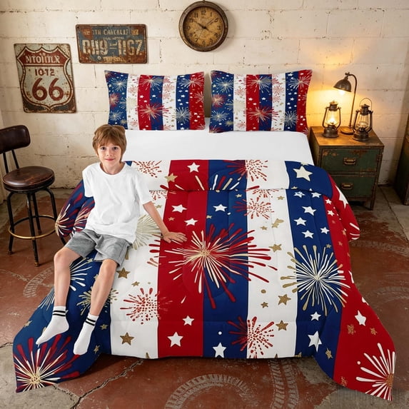 Manfei Firework Star Stripe Queen Comforter Set, Patriotic July 4th Comforter Sets Queen, Red White Blue Gold, Black Reversible 3pcs, 1 Comforter and 2 Pillowcases