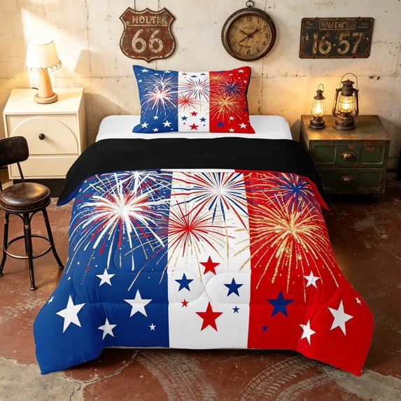 Manfei Firework Star Twin Comforter Sets, Red White Blue Stripe Bedding Set, Black Reversible 2-Piece, 1 Comforter and 1 Pillowcase