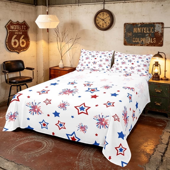 Manfei Fireworks Stars Queen Sheets, 4th of July Queen Sheet Sets, Red White Blue, Reversible 4pcs (1 Flat Sheet, 1 Fitted Sheet and 2 Pillowcases)