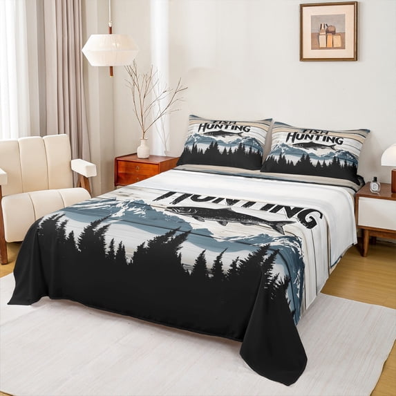 Manfei Fish Hunting Theme Bed Sheets 4 Pieces, Rustic Barn Door King Sheets, Vintage Lake House Sheet Set, Ultra Soft Home Decor