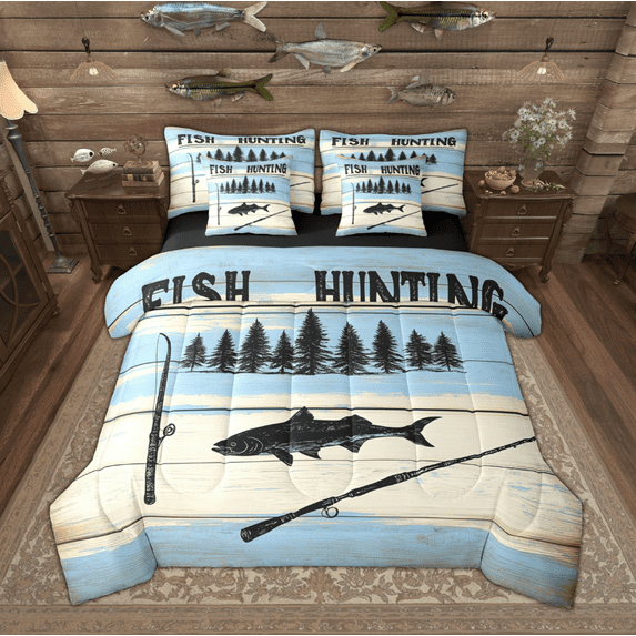 Manfei Fish Hunting Theme Bedding Comforter Set 7 Pieces, Rustic Barn Door King Bedding Sets, Vintage Lake House Bed Sheets, Luxury Bedroom Decor