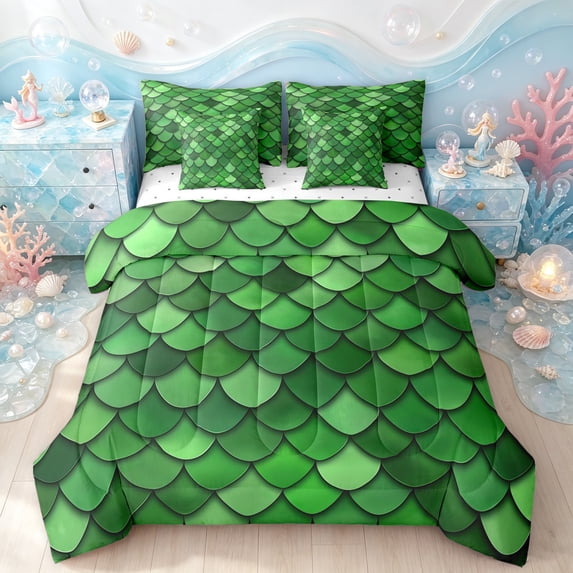 Manfei Fish Scale Queen Bedding, Vibrant Mermaid Princess Bedding Comforter Set Queen, Green Lime, Reversible, 7 Pieces