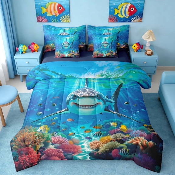 Manfei Fish Shark Bedding Comforter Set for Kids Boys and Girls, Colorful Coral Queen Bedding Sets, Navy Reversible 7pcs