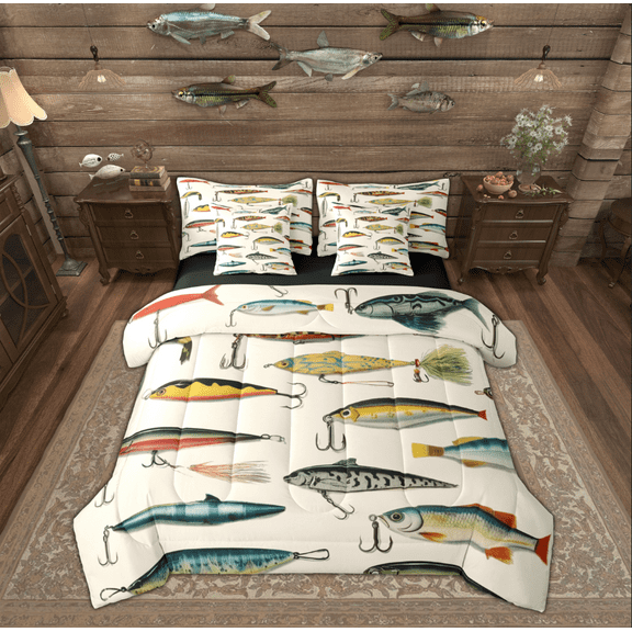 Manfei Fishing Bass Fish Bedding Comforter Set 7pcs for Kids, Farmhouse Fishhook King Bedding Sets, Retro Lodge Cabin Reversible Bed Sheets, Breathable Home Decor