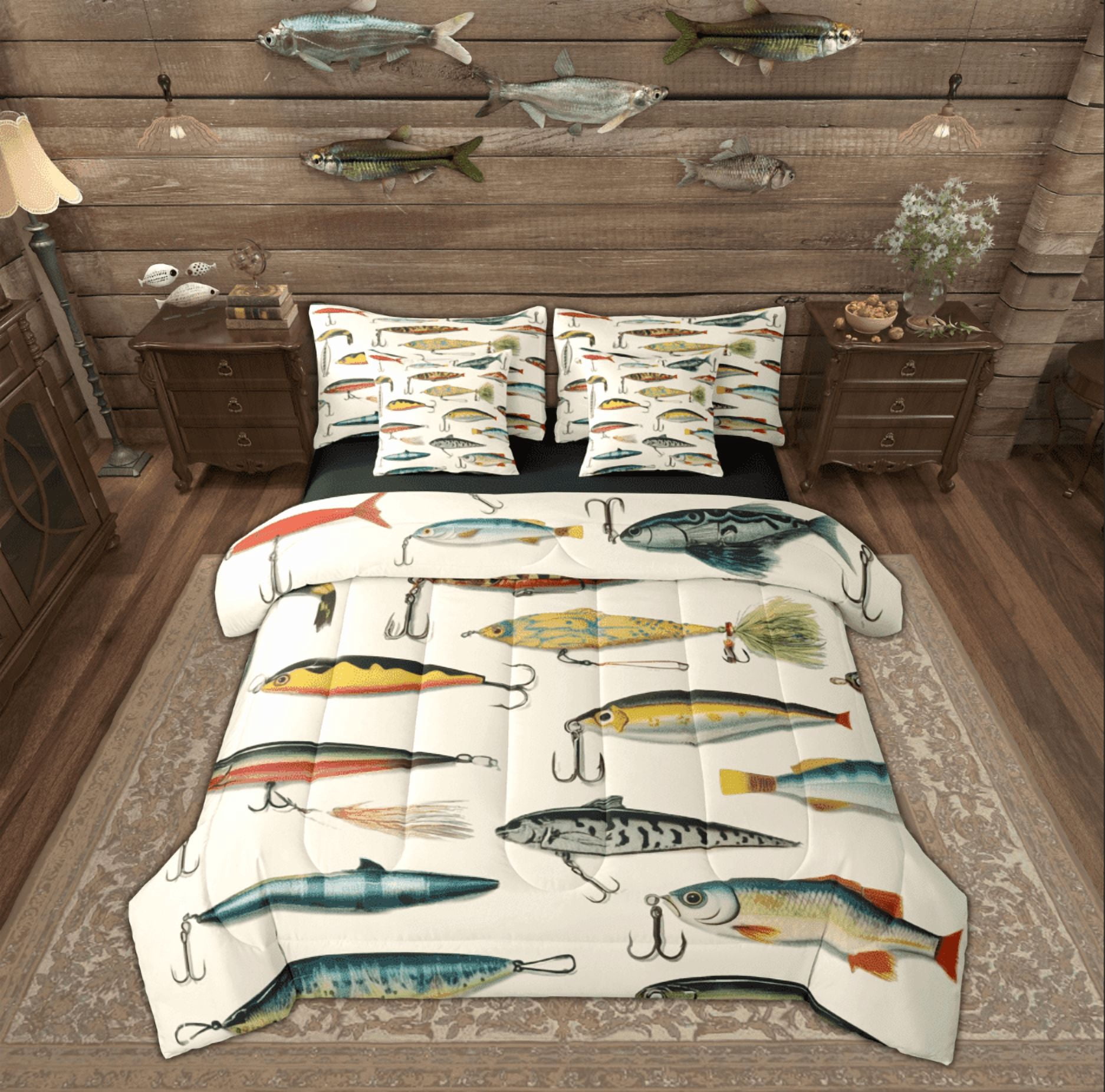 Manfei Fishing Bass Fish Bedding Comforter Set 7pcs for Kids, Farmhouse