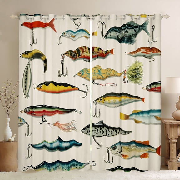 Manfei Fishing Bass Fish Blackout Curtains Set of 2 (52x84 Each) for Kids, Farmhouse Fishhook Window Curtains, Retro Lodge Cabin Curtains and Drapes, Living Room Curtains Decor