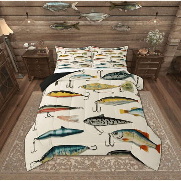 Manfei Fishing Bass Fish Full Size Comforter Sets for Kids, Farmhouse Fishhook Bedding Comforter Set, Retro Lodge Cabin Reversible Bedding Sets, Breathable Home Decor, 3 Pieces